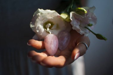 Vumfit, imbuilding veya meditasyon için iki yoni yumurta tutan kadın eller pembe kuvars ve beyaz çiçekler kapalı şeffaf menekşe ametist yapılır