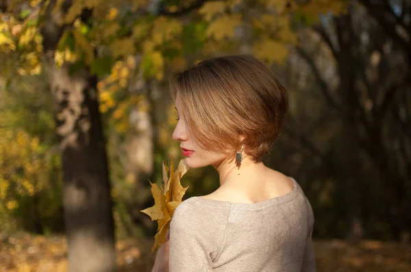 Seitenansicht der attraktiven jungen Frau mit blonden kurzen Haaren, die einen Strauß Herbstblätter in einem schönen rot-goldenen Herbstpark im Freien hält — Stockfoto