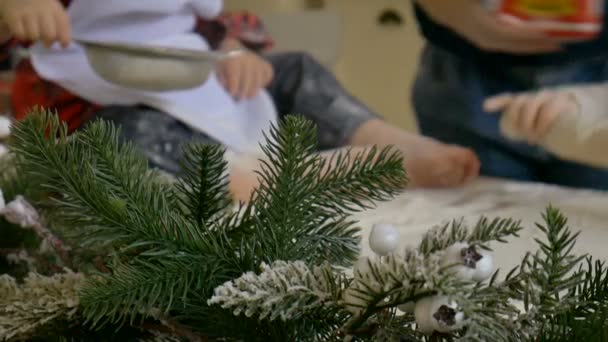 Mutlu aile hazırlıkları, oğluyla ve kızıyla birlikte yeni yılda yemek pişirmesi Noel süslemeleri, bulanık arka plan. — Stok video