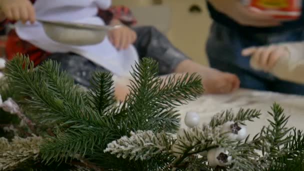 Feliz preparación familiar, madre con su hijo y su hija cocinando la cena en el interior de Año Nuevo con decoración de Navidad, fondo borroso — Vídeos de Stock