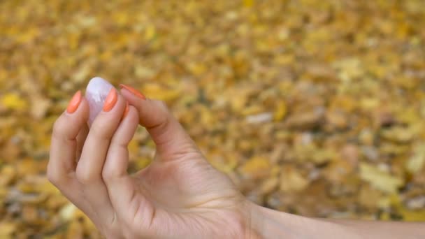 Mano femenina con manicura naranja sosteniendo huevo de cuarzo rosa yoni para vumfit, imbuilding o meditación sobre fondo de hojas amarillas caídas durante el día de otoño al aire libre — Vídeo de stock