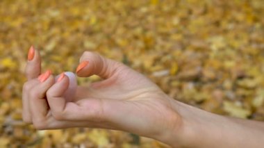 Turuncu manikürlü kadın eli, sonbahar günü açık havada düşen sarı yapraklar üzerinde vumfit, imbuilding veya meditasyon için pembe kuvars yumurtası tutuyor.