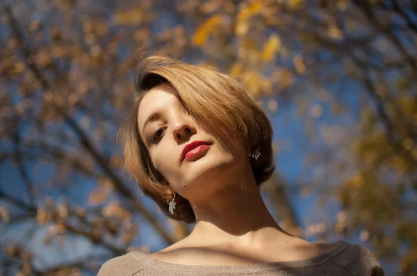 Draußen Porträt einer schönen jungen Dame mit kurzen Haaren, die silberne Ohrringe und Biege-Kleid trägt und vor blauem Himmel und den Bäumen mit gelben Blättern posiert, die Zeit im herbstlichen Park verbringt — Stockfoto