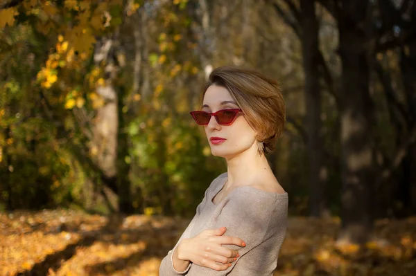 在秋天的公园里，留着短发、戴着红色时髦太阳镜的年轻貌美的姑娘正对着那些长着黄叶背景的树摆姿势 — 图库照片