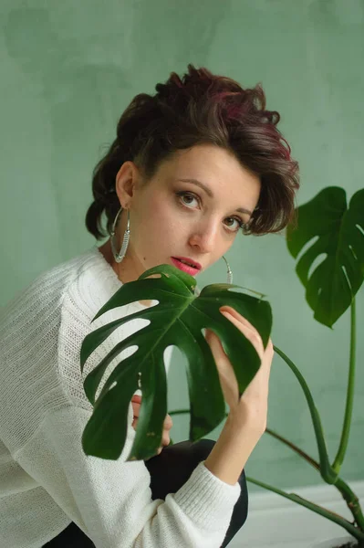 Schöne Dame in weißem Pullover, silbernen Ohrringen und Armreif sitzt neben einer grünen Palme und blickt zärtlich in die Kamera. Schönheits- und Modekonzept — Stockfoto