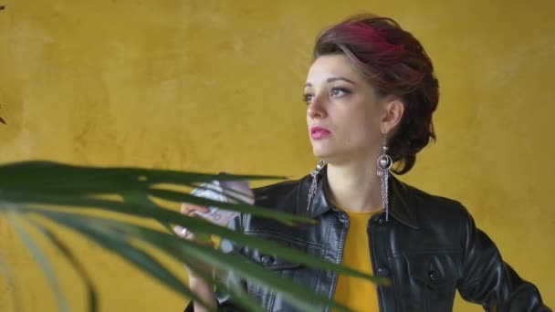 Glamorosa dama agresiva en ropa de fiesta estilo punk rock con pelo rosa oscuro en chaqueta de cuero negro y pendientes largos sobre fondo amarillo con dólares de dinero y hryvnias en las manos — Vídeo de stock