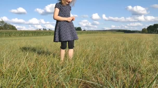 Blond curly girl catches a grasshopper in green grass during sunny summer day wearing blue short dress and dark leggings — Stock Video