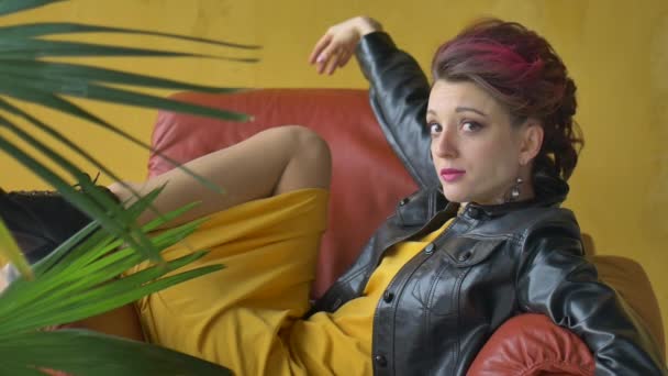 Close-up vrouw portret van glam rock stijl meisje met donker roze haar en havik in gele jurk en zwart lederen jas kauwgom zitten op fauteuil in de buurt van de palmboom — Stockvideo