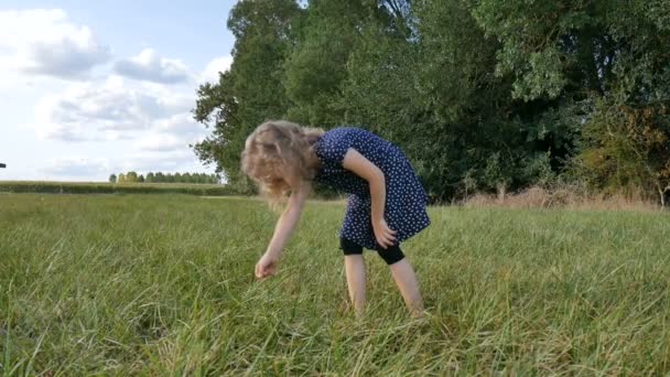 Blond lockig flicka fångar en gräshoppa i grönt gräs under solig sommardag bär blå kort klänning och mörka leggings — Stockvideo