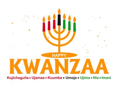 Creative Banner for Kwanzaa with traditional colored candles representing the Seven Principles (or Nguzo Saba) over a ancient scroll. clipart