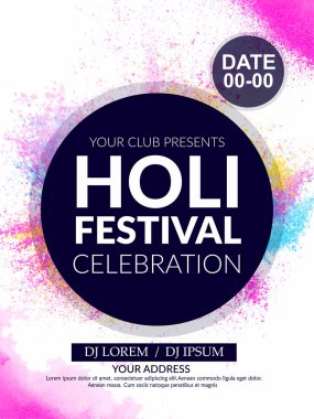 Happy Holi posterinin yaratıcı illüstrasyonu, davetiye kartı ve gerçekçi toz boyası ve kaligrafi metni - Vektör 