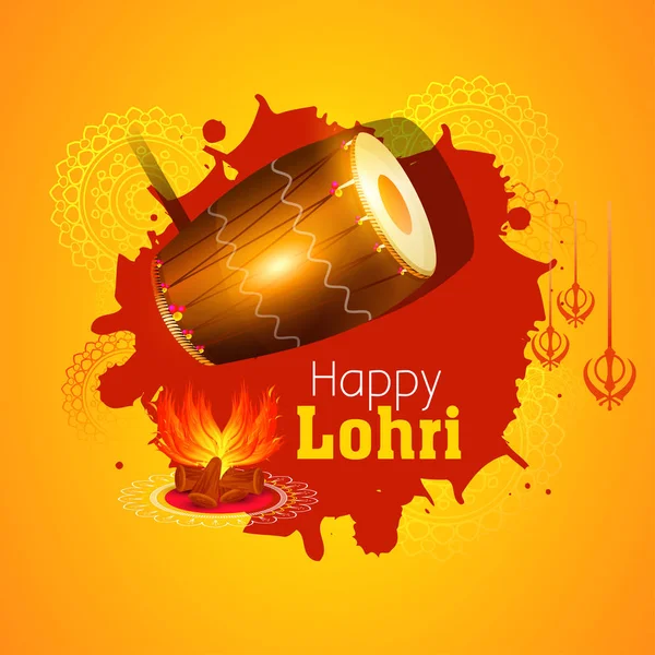 Punjabi Φεστιβάλ Του Lohri Γιορτή Φόντο Φωτιά Διακοσμημένο Τύμπανο — Διανυσματικό Αρχείο
