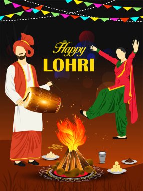 Punjabi Lohri kutlama şenlik ateşi arka planında süslü davullarla.