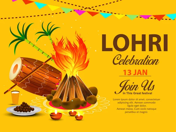 Festival Punjabi Lohri Celebración Fogata Fondo Con Tambor Decorado — Vector de stock