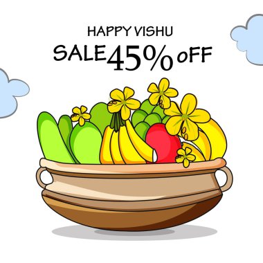 Mutlu Vishu selamları. 14 Nisan Kerala Festivali 'nde Vishu Kani, vishu çiçeği meyveleri ve sebzeler bronz bir kapta. vektör çizimi tasarımı