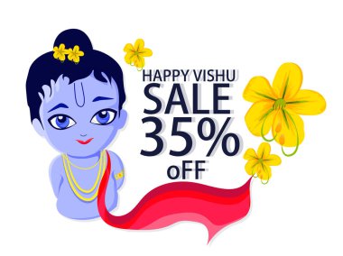 Mutlu Vishu selamları. 14 Nisan Kerala Festivali 'nde Vishu Kani, vishu çiçeği meyveleri ve sebzeler bronz bir kapta. vektör çizimi tasarımı