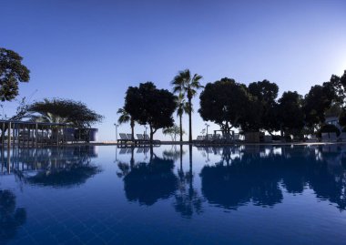 Mavi günbatımı havuzu ve ağaçlar siluet