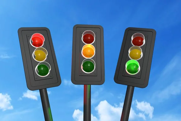 Traffic lights red, yellow and green 3d render
