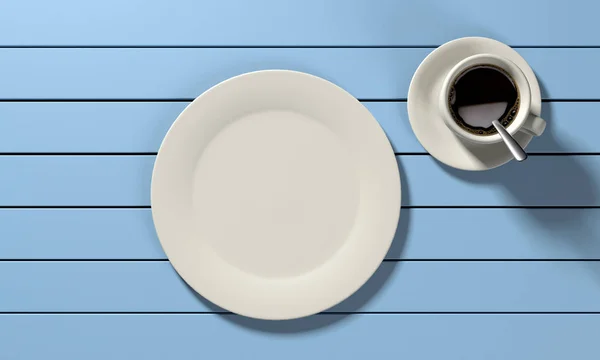 Taza de café y plato vacío en mesa de madera turquesa 3d render — Foto de Stock