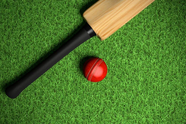 Мяч для крикета на зеленой траве — стоковое фото