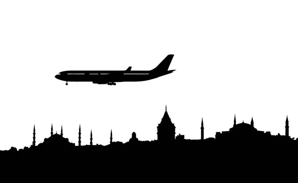Silhouette of istanbul and plane landing — Stock Photo, Image