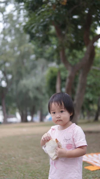 Aziatische chinese jonge peuter op een picknick eten haar boterham — Stockfoto