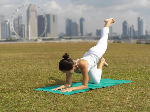 Asian chinese woman practising yoga outdoors in Singapore — Stock Photo, Image