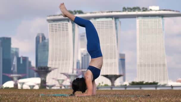 Asiático Chino Femenino Yogui Ejercicio Yoga Aire Libre Bajo Sol — Vídeo de stock