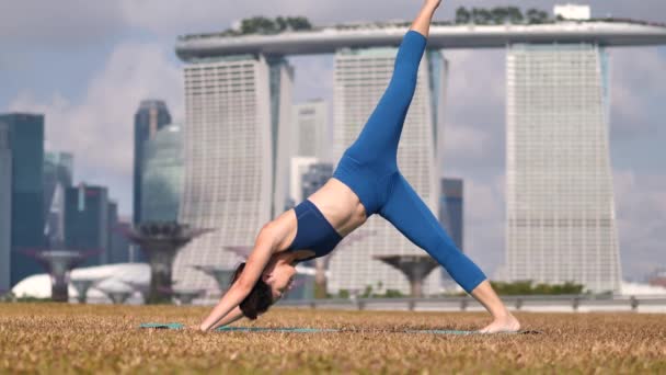 慢动作 亚洲中国女子瑜伽户外运动在阳光下 — 图库视频影像