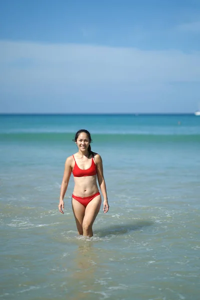 Asian Chinese Woman Various Yoga Poses Beach Blue Water — Stock Photo, Image