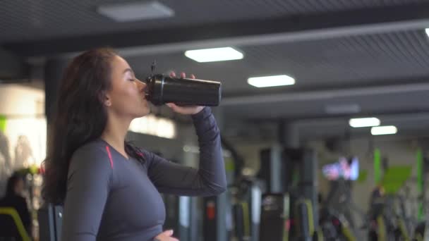 Ragazza sexy godendo di acqua fresca in palestra — Video Stock