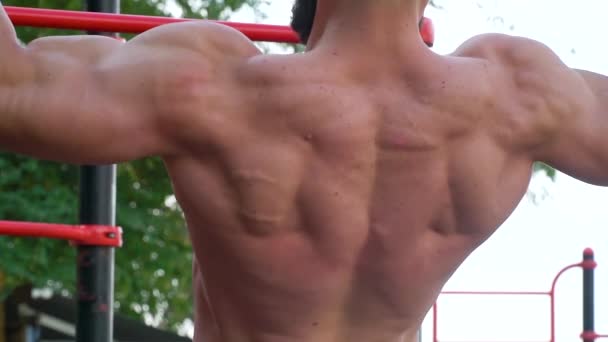 Bodybuilder zieht an einer waagerechten Stange hoch. junger bärtiger athletischer Bodybuilder treibt Sport im Freien — Stockvideo