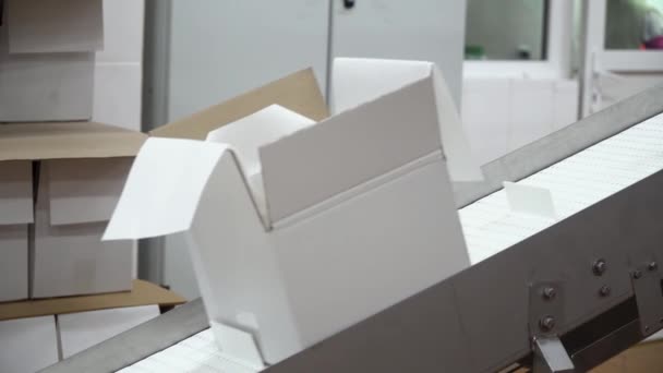 Empty white boxes go on conveyor belt — Stockvideo