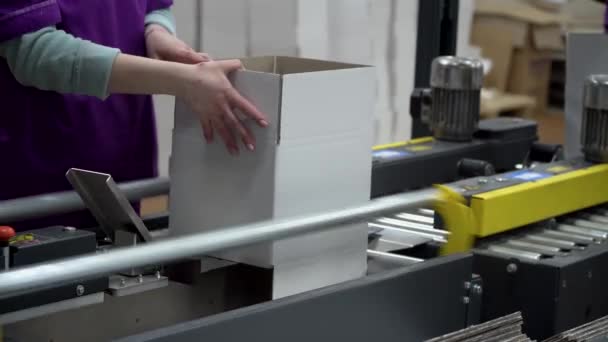 A factory female worker is laying out new blank white boxes and putting them on a conveyor belt — Stock Video