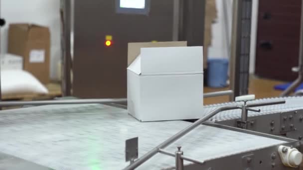 The box is automatically fed to the moving conveyor belt — Stockvideo