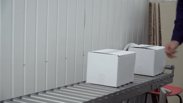 The factory worker carries the cardboard boxes filled from the conveyor and puts them on top of each other — Stockvideo