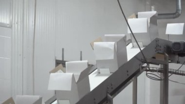 Boş beyaz kutular taşıma bandına konulacak