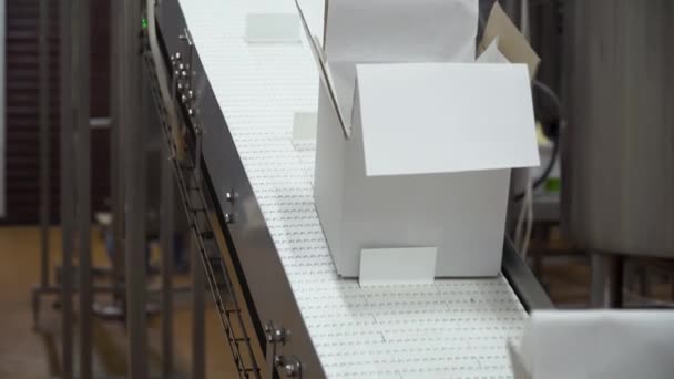 Empty white boxes go on conveyor belt — Stock Video