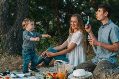 Anne ve baba ve küçük oğlu parkta piknik yapıyorlar. Doğal ortamda aile eğlencesi.