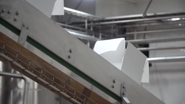 Movimento de correia transportadora com duas caixas de papelão branco — Vídeo de Stock