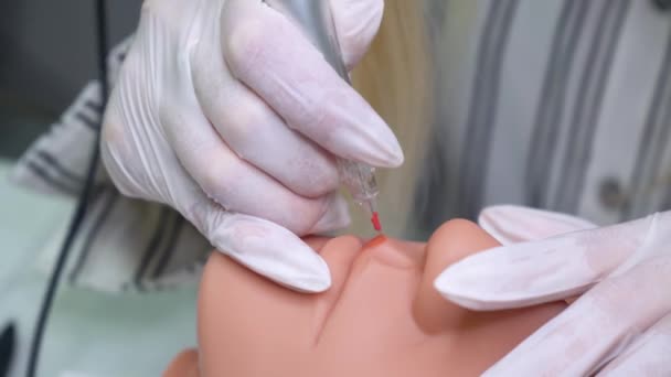 Cosmetólogo haciendo maquillaje permanente en un maniquí — Vídeos de Stock