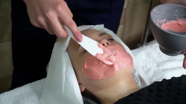 Kosmetikerin trägt eine kosmetische Maske auf. Anwendung von Gesichtsmasken — Stockvideo