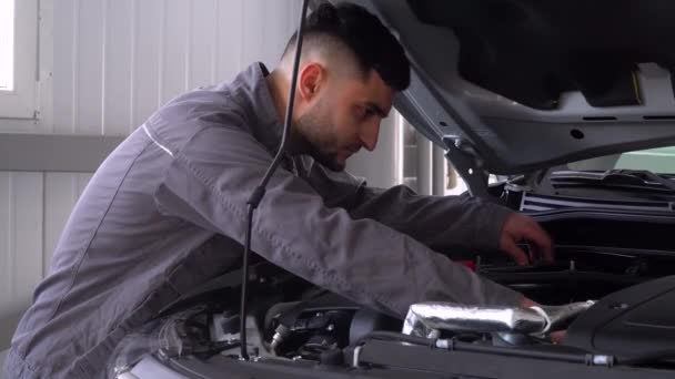 Mécanicien professionnel réparant une voiture dans un atelier de réparation automobile. Service de voiture, réparation et entretien — Video