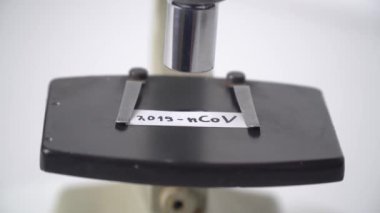 Microscope with virus 2019-n CoV text. CORONAVIRUS in Wuhan, China