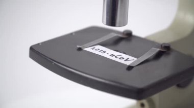 Microscope with virus 2019-n CoV text. CORONAVIRUS in Wuhan, China