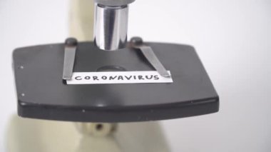 Microscope with CORONAVIRUS text. Virus 2019-n CoV in Wuhan, China