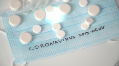 Surgical mask protective mask with CORONAVIRUS text. Virus 2019-n CoV in Wuhan, China. Tablets, mask