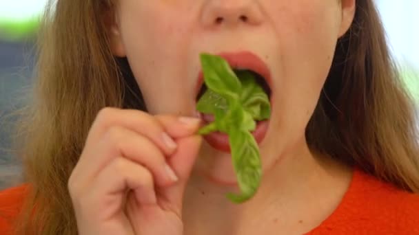 Young woman eating fresh basil at luxury restaurant — 图库视频影像