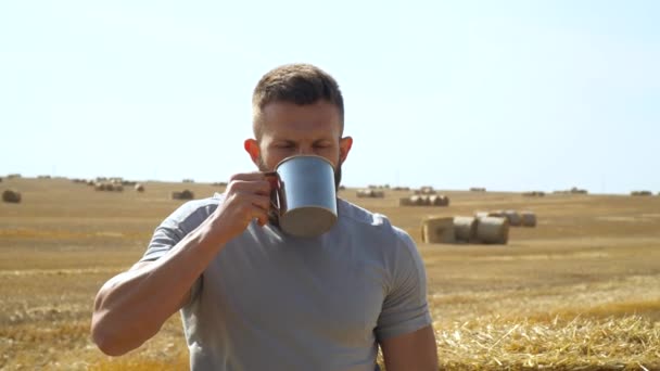 Un homme buvant de la bière dans un verre en métal sur un champ de blé avec des balles. Bière fraîche, champ solaire potable — Video