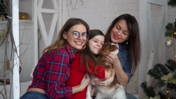 Δύο γυναίκες και ένα κοριτσάκι με σκύλο να αγκαλιάζονται κοντά στο χριστουγεννιάτικο δέντρο. — Αρχείο Βίντεο
